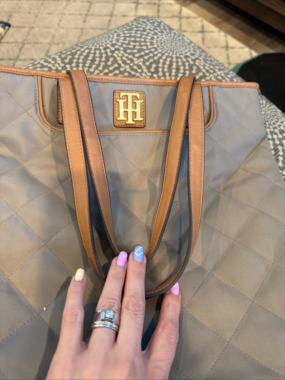 Tommy Hilfiger Quilted Taupe Tote with Tan Trim and Logo Plaque